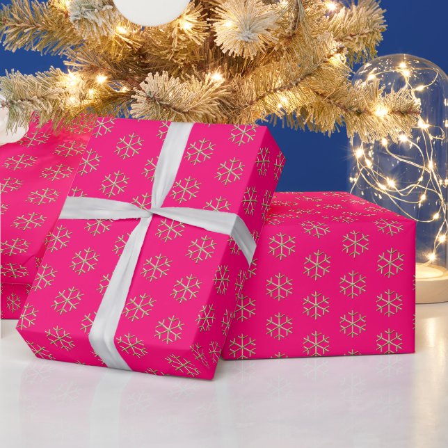 Christmas hot pink fuchsia gold snowflakes elegant wrapping paper (Holidays)