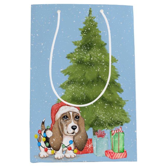 Christmas Hound Dog in Tangled Lights Medium Gift Bag (Front)