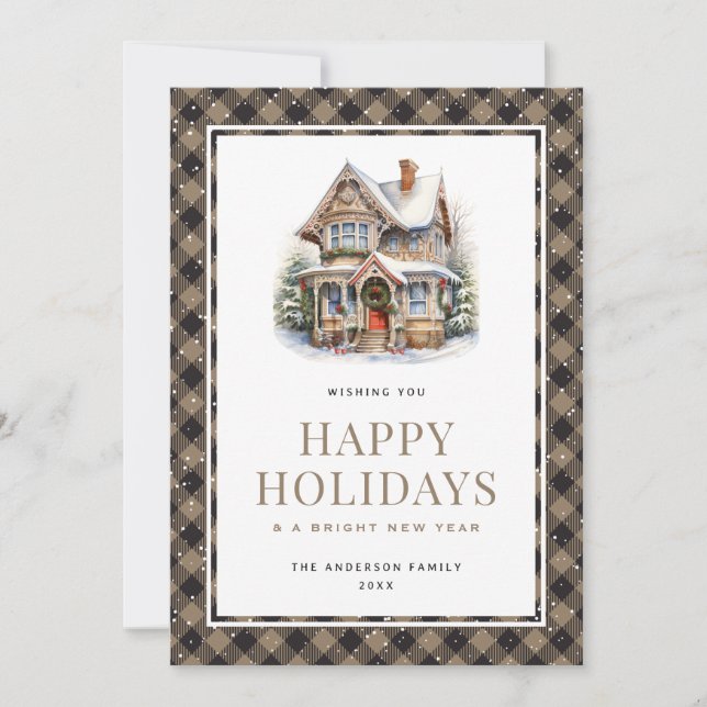 Christmas House Plaid Snowy Happy Holidays Card (Front)