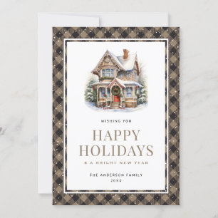 Christmas House Plaid Snowy Happy Holidays Card