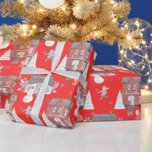 Christmas House, Snowman and Christmas Tree Red Wrapping Paper