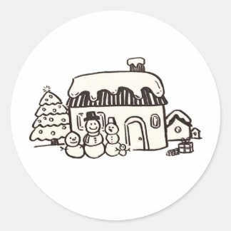 Christmas house with snowman classic round sticker