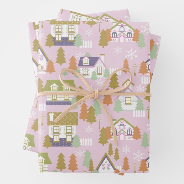 Christmas Houses Pink Wrapping Paper Sheet (In situ)