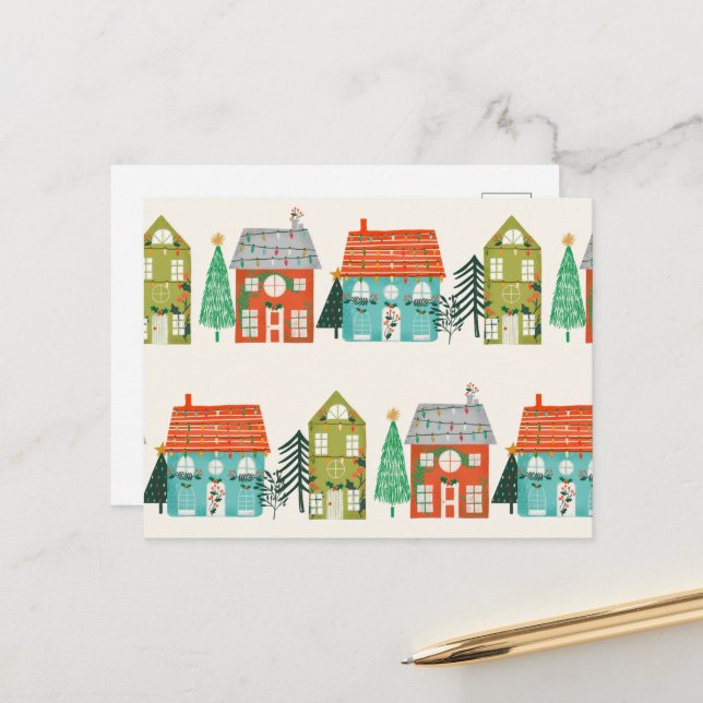 Christmas Houses White Postcard (Front/Back In Situ)