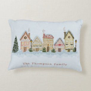 Christmas Houses Winter Street Scene Festive Blue Accent Pillow