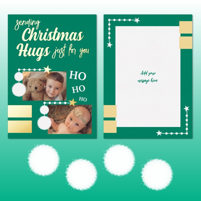 Christmas hugs add photos green and white foil holiday card (Creator Uploaded)