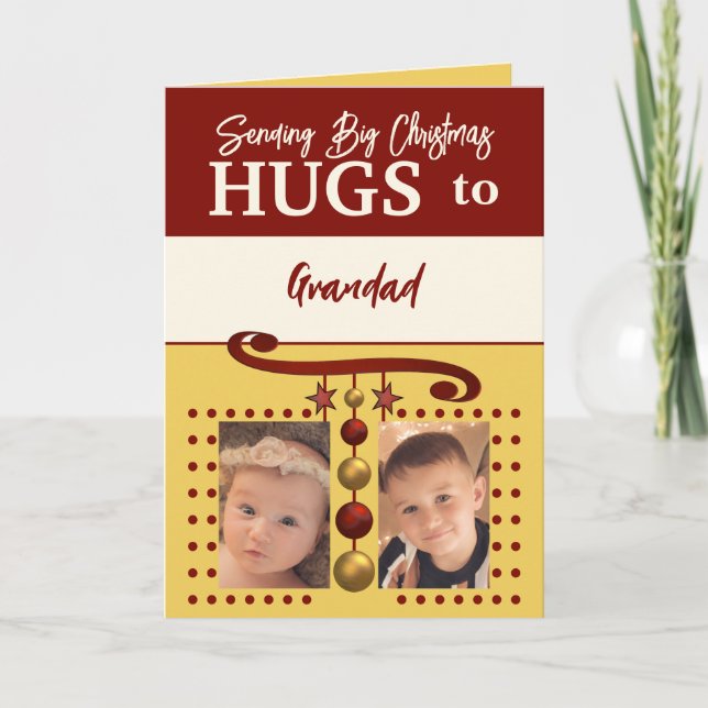 Christmas hugs for Grandad gold and burgundy Holiday Card (Front)