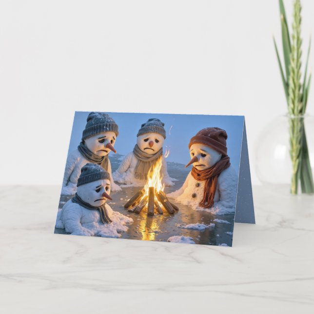 Christmas Humor Snowmen Melting Around a Campfire Card (Front)