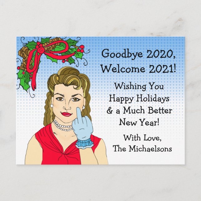 Christmas Humour Funny Retro Lady Flipping the Bir Postcard (Front)