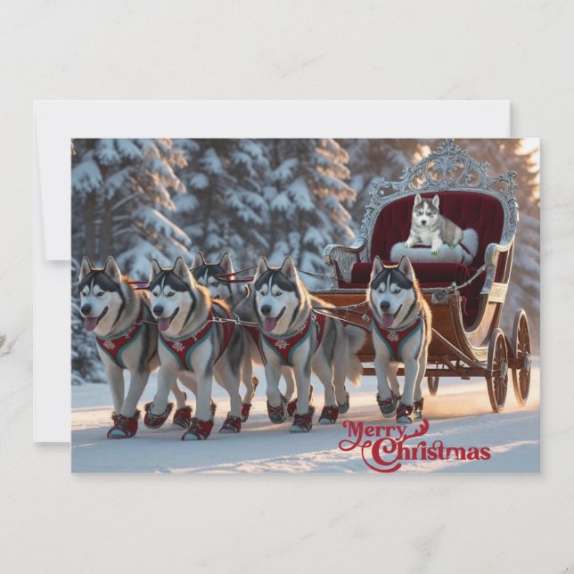 Christmas Huskies Pulling Sleigh Personalized Holiday Card (Front)