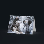 Christmas Husky and Snowman In Winter Woods Card<br><div class="desc">Cute husky dog with blue eyes and a snowman in snowflakes for Christmas.
Text can be changed.</div>