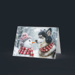 Christmas Husky Dog and Snowman Friends Holiday Card<br><div class="desc">A husky dog and a snowman face each other surrounded by a snowy landscape</div>