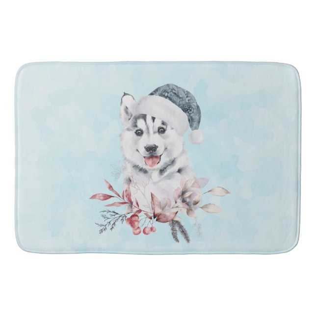 Christmas Husky Dog in a Santa Hat Bath Mat (Front)