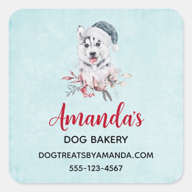 Christmas Husky Dog in a Santa Hat Business Square Sticker (Front)