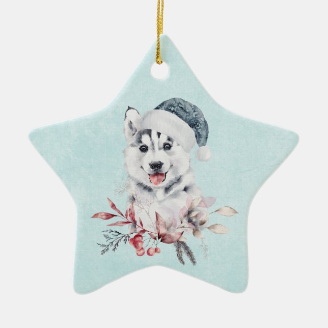 Christmas Husky Dog in a Santa Hat Ceramic Ornament (Front)