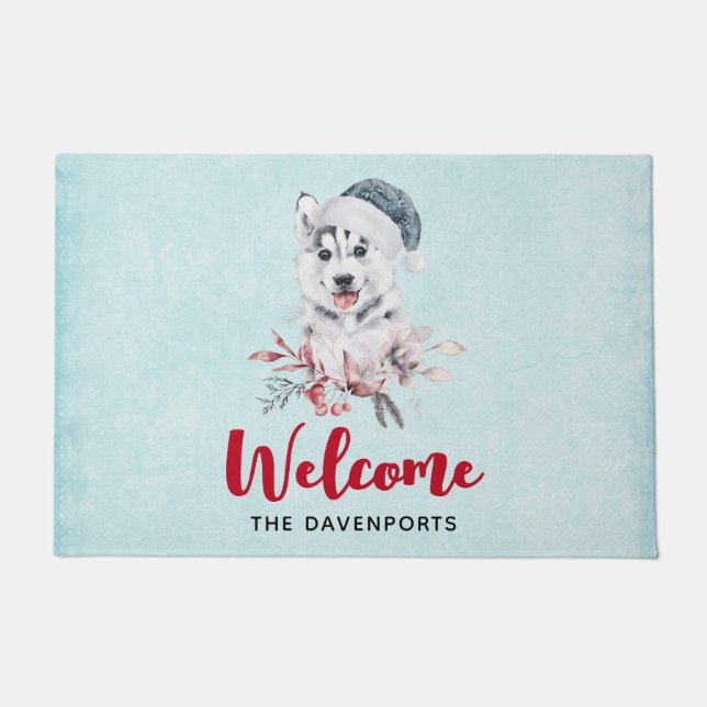 Christmas Husky Dog in a Santa Hat Doormat (Front)