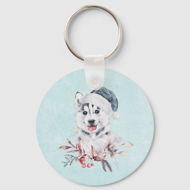 Christmas Husky Dog in a Santa Hat Keychain (Front)