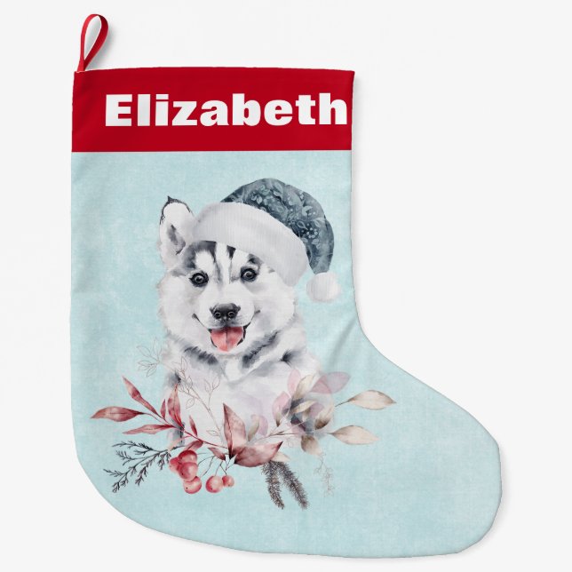 Christmas Husky Dog in a Santa Hat Large Christmas Stocking (Front)