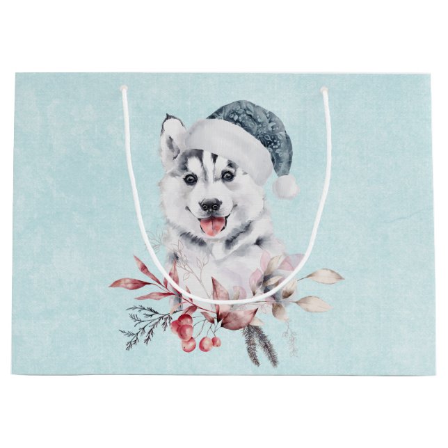 Christmas Husky Dog in a Santa Hat Large Gift Bag (Front)
