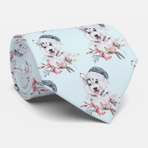 Christmas Husky Dog in a Santa Hat Patterned Tie