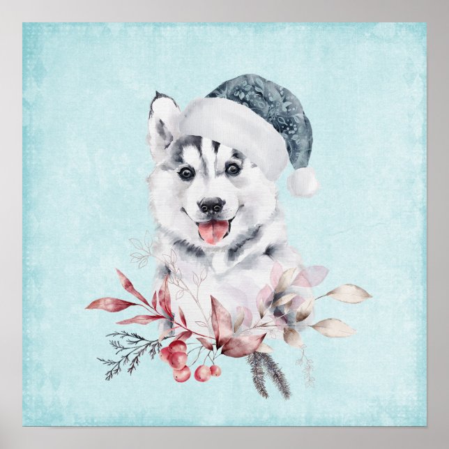 Christmas Husky Dog in a Santa Hat Poster (Front)