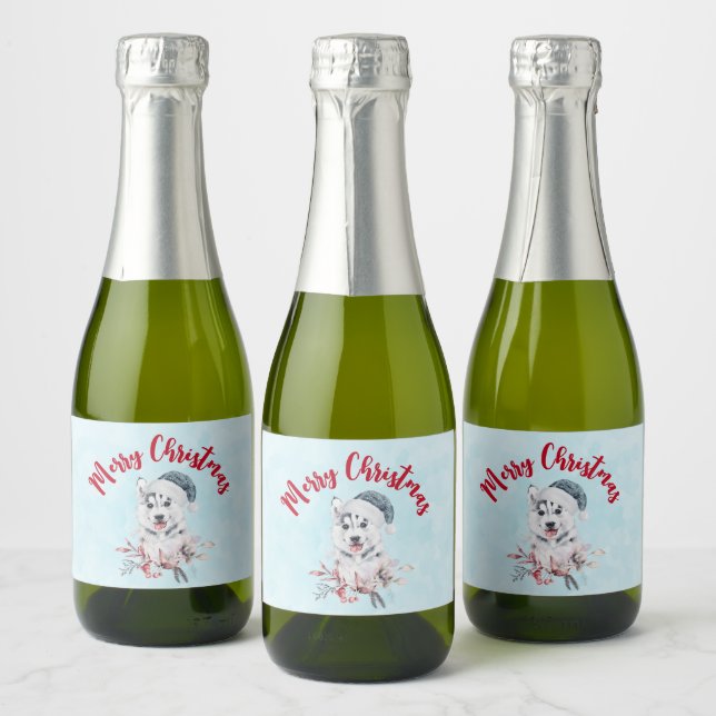 Christmas Husky Dog in a Santa Hat Sparkling Wine Label (Bottles)