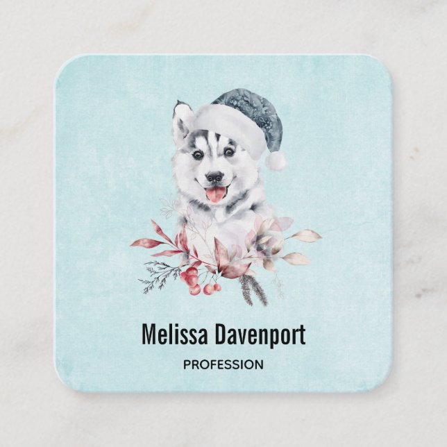 Christmas Husky Dog in a Santa Hat Square Business Card (Front)