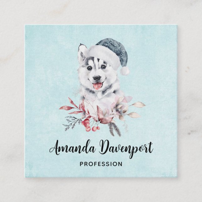 Christmas Husky Dog in a Santa Hat Square Business Card (Front)
