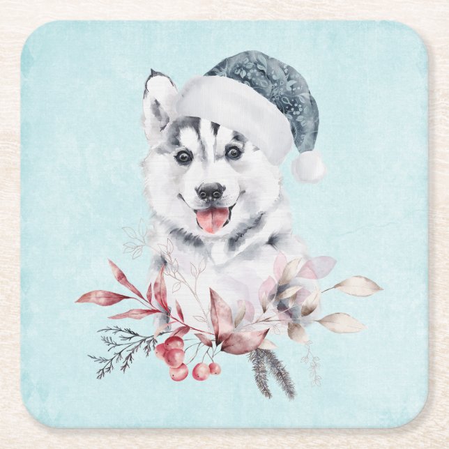 Christmas Husky Dog in a Santa Hat Square Paper Coaster (Front)