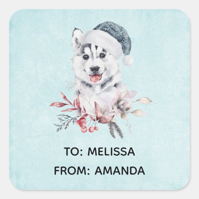 Christmas Husky Dog in a Santa Hat Square Sticker (Front)