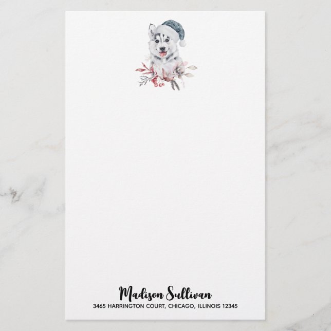 Christmas Husky Dog in a Santa Hat Stationery (Front)