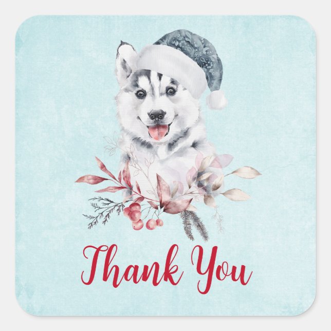 Christmas Husky Dog in a Santa Hat Thank You Square Sticker (Front)