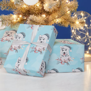 Christmas Husky Dog in a Santa Hat Wrapping Paper