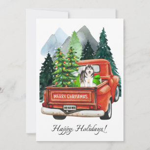 Christmas Husky Dog & Vintage Truck Watercolor Holiday Card
