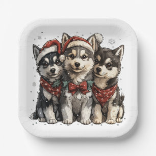 Christmas Husky Dogs Paper Plate