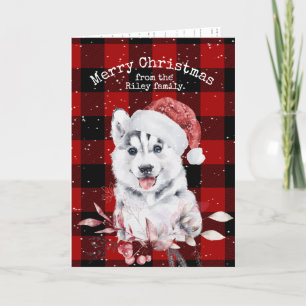 Christmas Husky On Buffalo Plaid Card