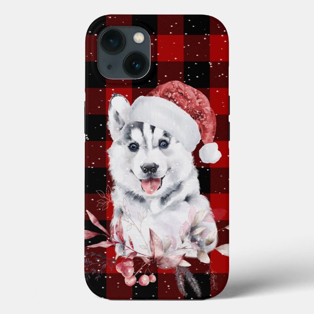 Christmas Husky On Buffalo Plaid Case-Mate iPhone Case (Back)