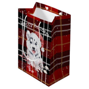 Christmas Husky On Buffalo Plaid Medium Gift Bag