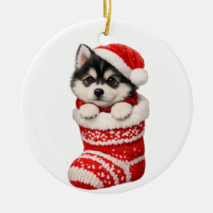 Christmas Husky Puppy Ceramic Ornament