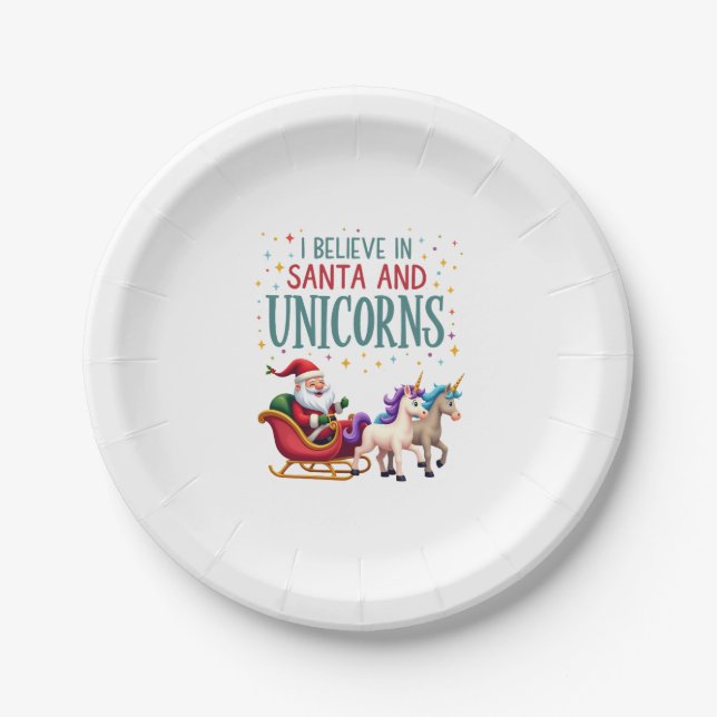Christmas I Believe In Santa And Unicorns Funny Xm Paper Plate (Front)