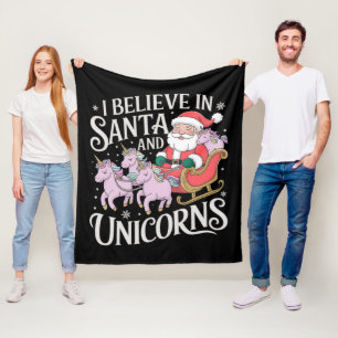 Christmas I Believe In Santa And Unicorns Xmas Fleece Blanket