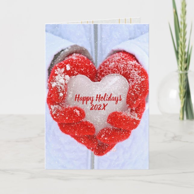 Christmas ice heart in red gloves holiday card (Front)