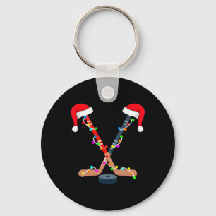 Christmas Ice Hockey Stick Santa Hat Xmas Men Boys Keychain