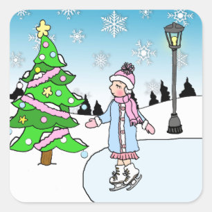 Christmas Ice Skater on Snowy Winter Day Square Sticker