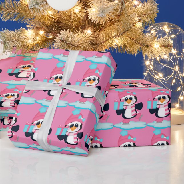 Christmas ice skating penguin wrapping paper (Holidays)
