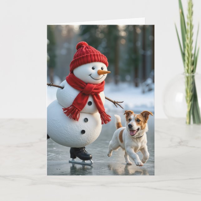 Christmas Ice Skating Snowman With Dog Holiday Card (Front)