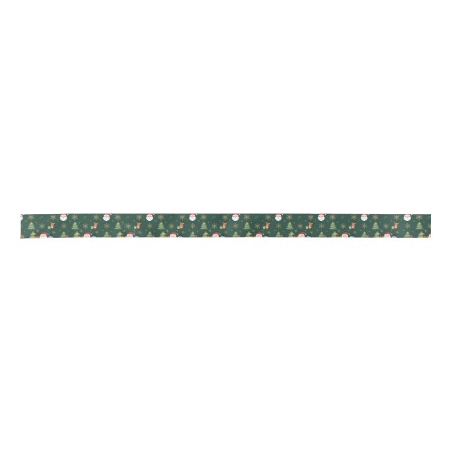 Christmas Icon Pattern Ribbon on Forest Green Satin Ribbon (Front)