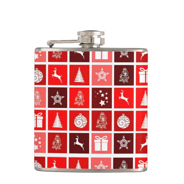 Christmas Icon Red Squares Holiday Art Classic Hip Flask (Front)