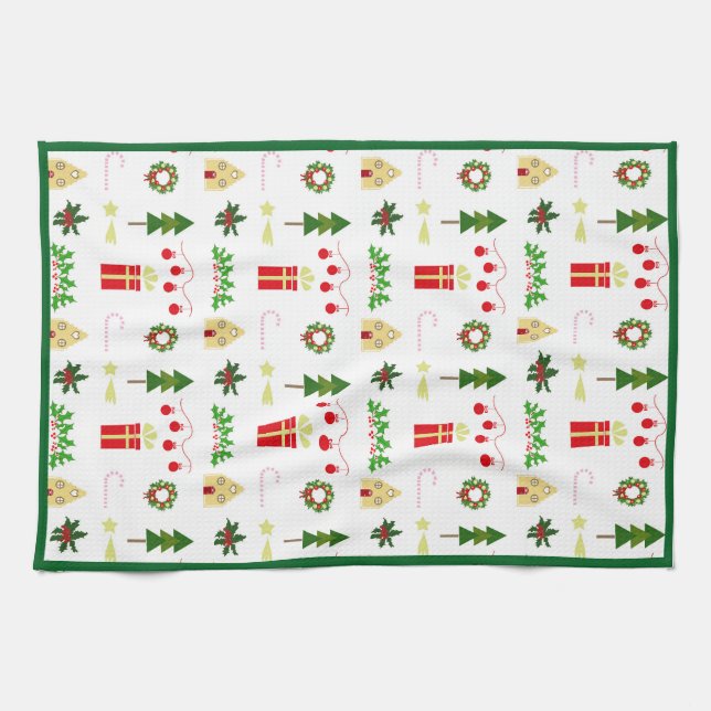 Christmas icons pattern in festive grid kitchen towel (Horizontal)