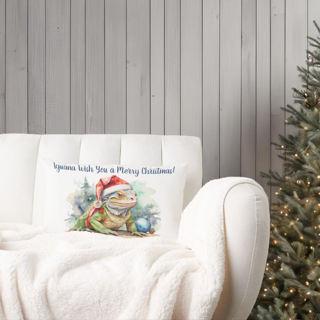 Christmas Iguana Lumbar Throw Pillow (iguana wish you a merry christmas lumbar pillow mock-up)